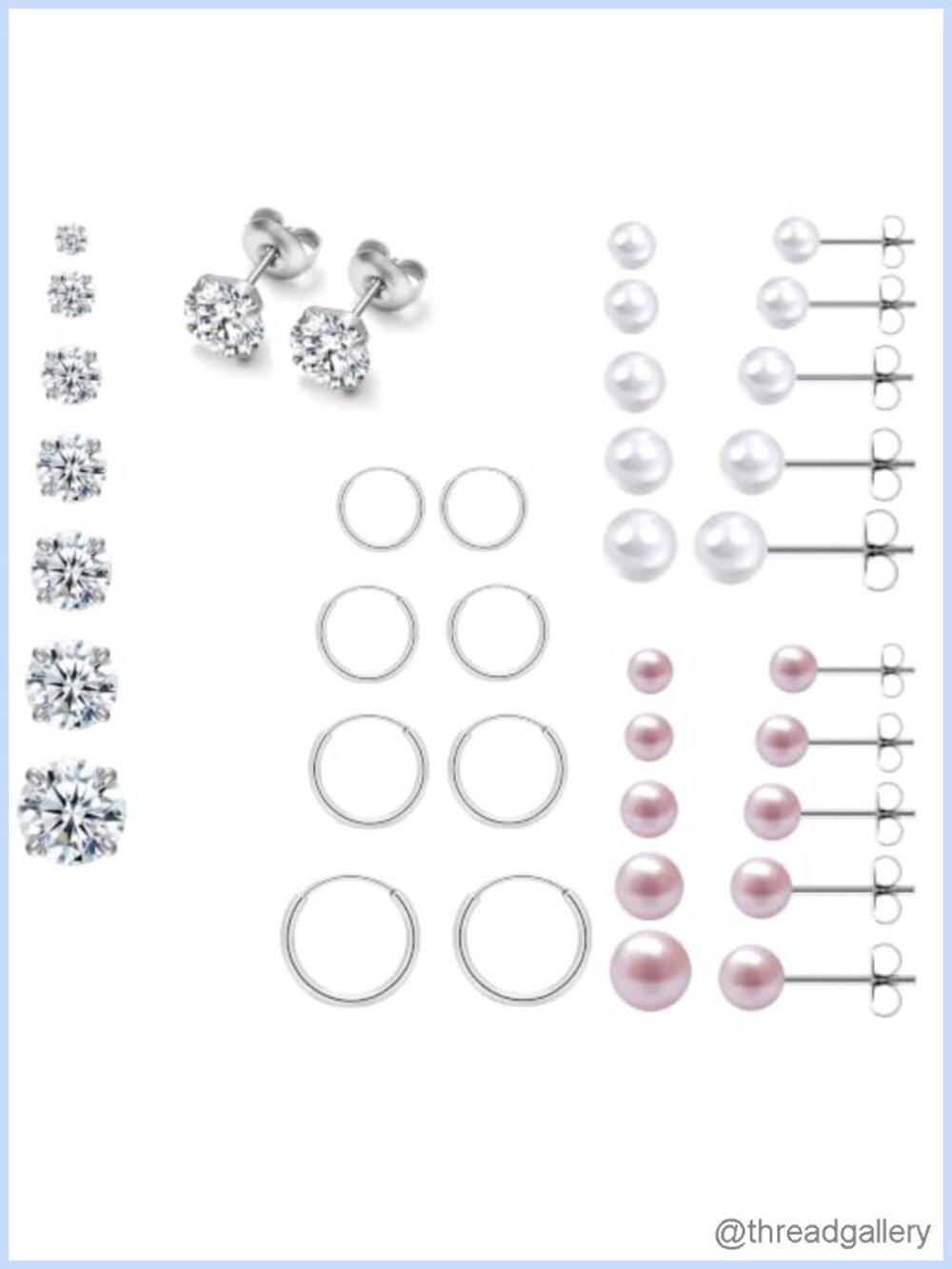 316L Steel Pink Pearl CZ Stud Earrings Set 21 Pairs